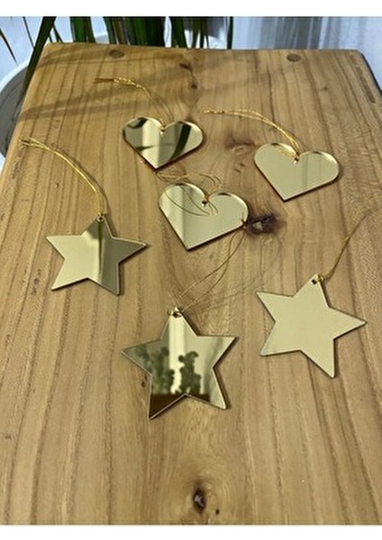 6'lı Gold Pleksi Kalp-Yıldız Yılbaşı Ağacı Süs Seti modelleri