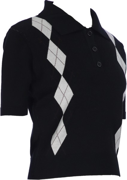 Kadın Polo Yaka Kısa Kollu Baklava Desenli Düğmeli Triko Kazak modelleri