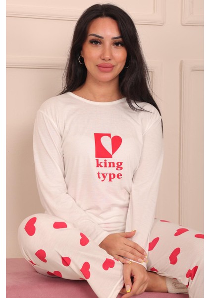 Kadın King Type Sloganlı Altı Kalp Desenli Bisiklet Yaka Uzun Kol Altı Uzun Viskon Pijama Takımı