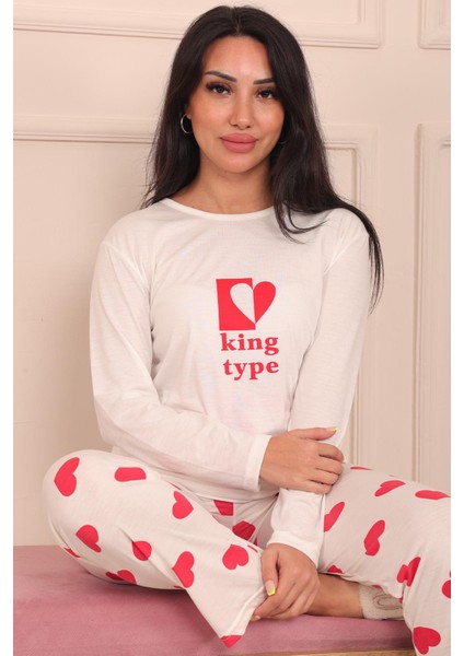 Kadın King Type Sloganlı Altı Kalp Desenli Bisiklet Yaka Uzun Kol Altı Uzun Viskon Pijama Takımı fiyatları