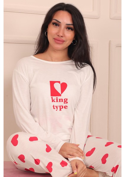 Kadın King Type Sloganlı Altı Kalp Desenli Bisiklet Yaka Uzun Kol Altı Uzun Viskon Pijama Takımı modelleri