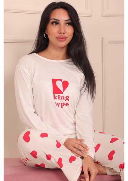 Kadın King Type Sloganlı Altı Kalp Desenli Bisiklet Yaka Uzun Kol Altı Uzun Viskon Pijama Takımı fırsatları