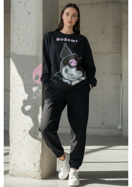 Kadın Antrasit Baskılı Bisiklet Yaka Uzun Kollu Oversize Yumuşak Dokulu Sweatshirt Kadın Sweatshirt