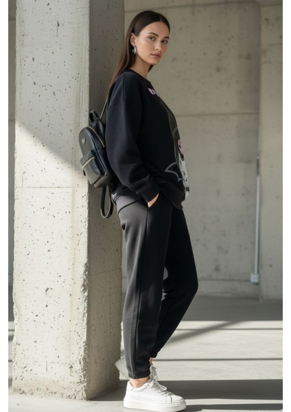 Kadın Antrasit Baskılı Bisiklet Yaka Uzun Kollu Oversize Yumuşak Dokulu Sweatshirt Kadın Sweatshirt modelleri