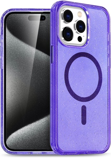 Apple iPhone 15 Pro Max Glow Simli Standlı Lens Hediyeli Kılıf Kapak - Mor