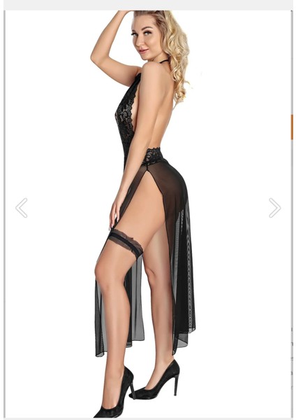SİYAH TRANSPARAN FANTEZİ TÜL GECELİK TAKIM DANTELLİ YIRTMAÇLI TÜL SEKSİ YENİ GELİN ÇEYİZ TAKIM