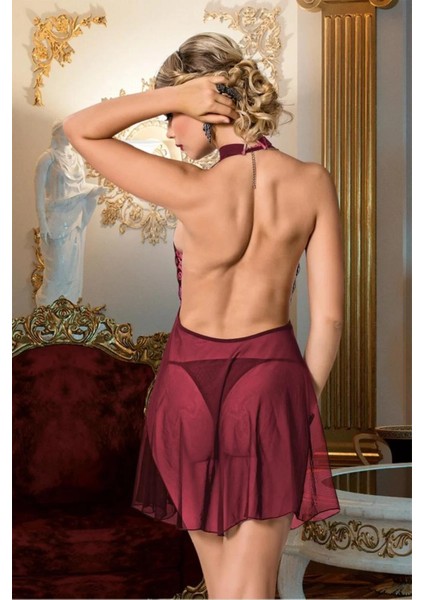 Kadın Bordo Şık Sırt Dekolteli Kısa Tül Seksi Fantezi Gecelik fırsatları