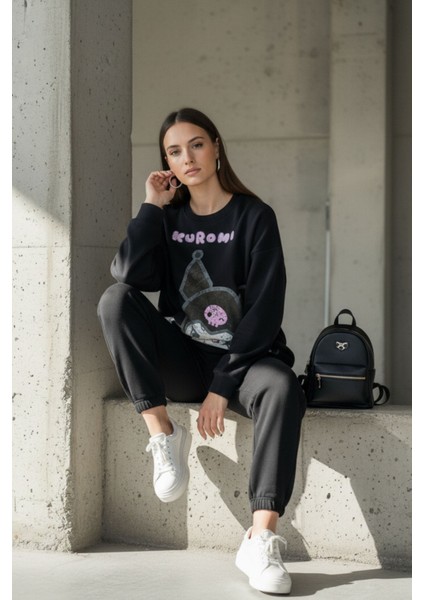 Kadın Antrasit Baskılı Bisiklet Yaka Uzun Kollu Oversize Yumuşak Dokulu Sweatshirt Kadın Sweatshirt fırsatları