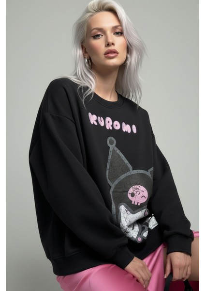 Kadın Antrasit Baskılı Bisiklet Yaka Uzun Kollu Oversize Yumuşak Dokulu Sweatshirt Kadın Sweatshirt indirimleri