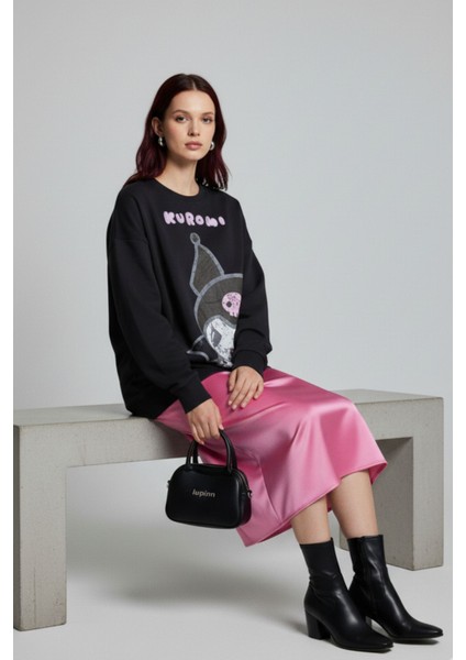 Kadın Antrasit Baskılı Bisiklet Yaka Uzun Kollu Oversize Yumuşak Dokulu Sweatshirt Kadın Sweatshirt