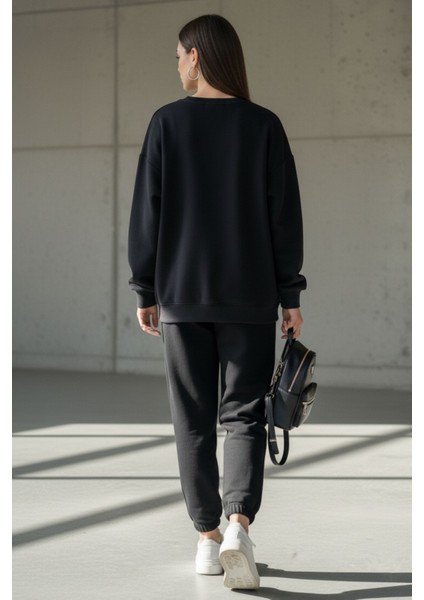 Kadın Antrasit Baskılı Bisiklet Yaka Uzun Kollu Oversize Yumuşak Dokulu Sweatshirt Kadın Sweatshirt