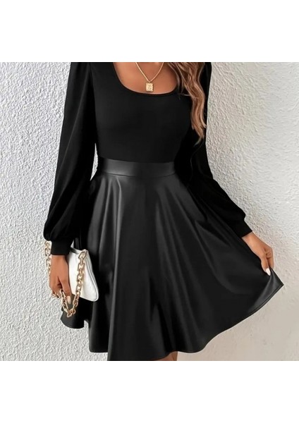 Eyesof Kadın Uzun Kollu Kare Yaka Üst Viskon Alt Deri Mini Elbise fiyatları