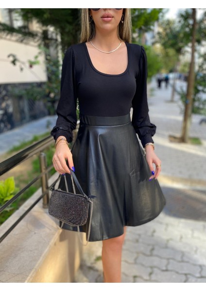 Eyesof Kadın Uzun Kollu Kare Yaka Üst Viskon Alt Deri Mini Elbise