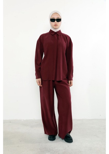 Arka Fermuar Detay Pantolonlu Takım-Bordo