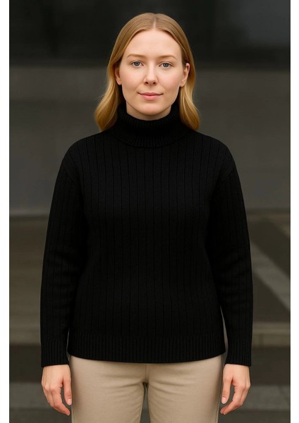 Balıkcı Yaka Bağazlı Triko Kazak Pamuklu Kalın Fitilli Dokuma - Siyah