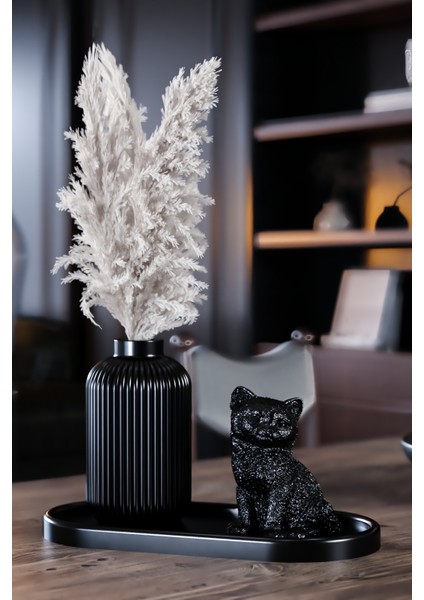 Black Collection - Dekoratif 2'li Set - Tüylük & Kedi Figürü