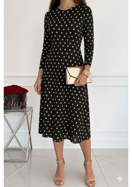 Kadın Uzun Kollu Bisiklet Yaka Puantiyeli Örme Krep Midi Elbise