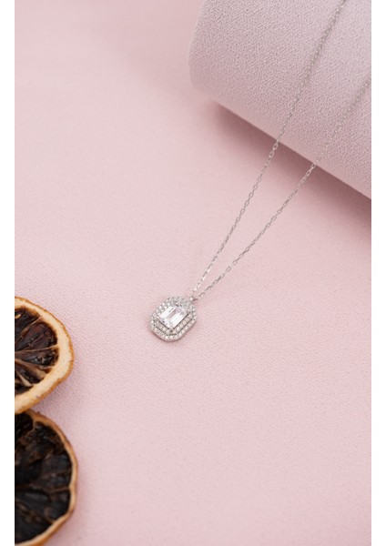 925 Ayar Gümüş Rodyumlu Zirkon Taşlı Çift Sıra Baget Kolye