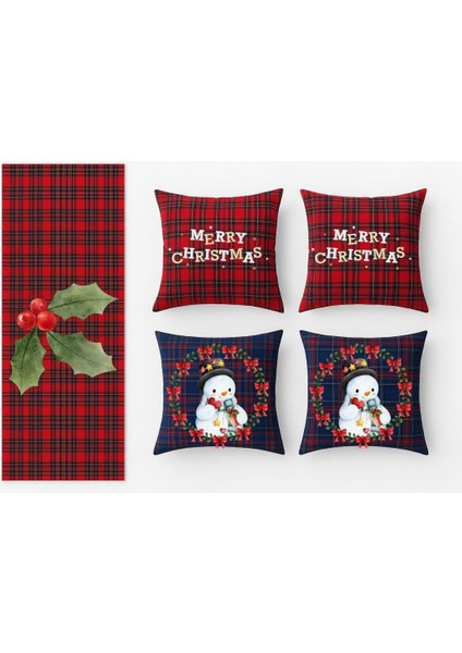 Baskılı Yeni Yıl 4 Adet Kırlent- 1 Adet Ekoseli Runner Takım Yeni Yıl-Yılbaşı-Chrıstmas-Noel