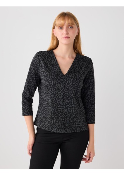 Siyah V Yaka Leopar Desenli Vatkalı Uzun Kollu Bluz
