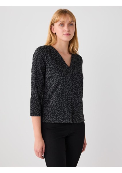 Siyah V Yaka Leopar Desenli Vatkalı Uzun Kollu Bluz fırsatları