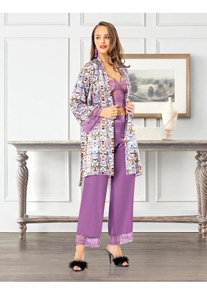 Lüks Seri 4 Parça Dantelli Seksi Fantezi Rahat Kadın Elfida Saten Büstiyerli Takım Gecelik-Sabahlık fırsatları