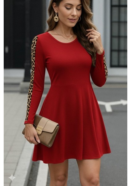 Kadın Uzun Kollu Bisiklet Yaka Kollar Leopar Detay Iki Iplik Mini Boy Elbise modelleri