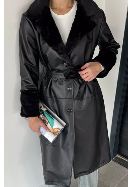 Kadın Yaka ve Bilek Kürk Garnili Bel Kuşaklı Suni Deri Trençkot P-00018682