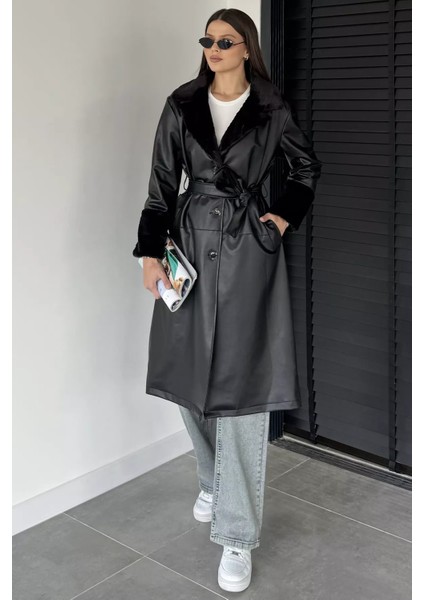 Kadın Yaka ve Bilek Kürk Garnili Bel Kuşaklı Suni Deri Trençkot P-00018682 fiyatları