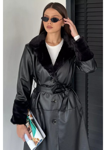 Kadın Yaka ve Bilek Kürk Garnili Bel Kuşaklı Suni Deri Trençkot P-00018682 modelleri