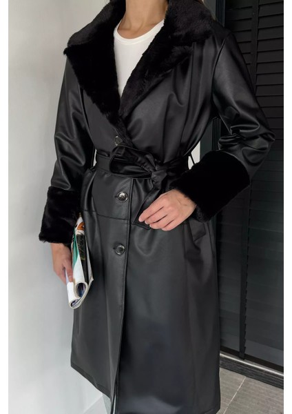 Kadın Yaka ve Bilek Kürk Garnili Bel Kuşaklı Suni Deri Trençkot P-00018682 fırsatları