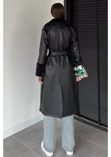 Kadın Yaka ve Bilek Kürk Garnili Bel Kuşaklı Suni Deri Trençkot P-00018682 indirimleri