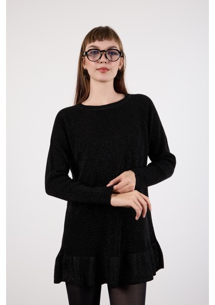 Kadın Siyah Reglan Kollu Fırfırlı Etek Ucu Simli Triko Kazak