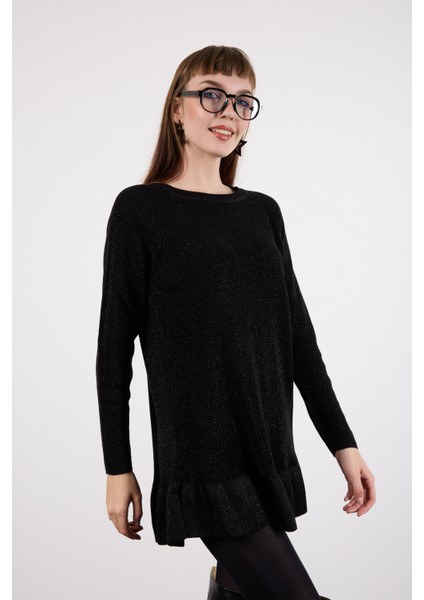 Kadın Siyah Reglan Kollu Fırfırlı Etek Ucu Simli Triko Kazak fiyatları