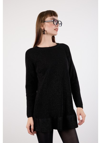 Kadın Siyah Reglan Kollu Fırfırlı Etek Ucu Simli Triko Kazak fırsatları