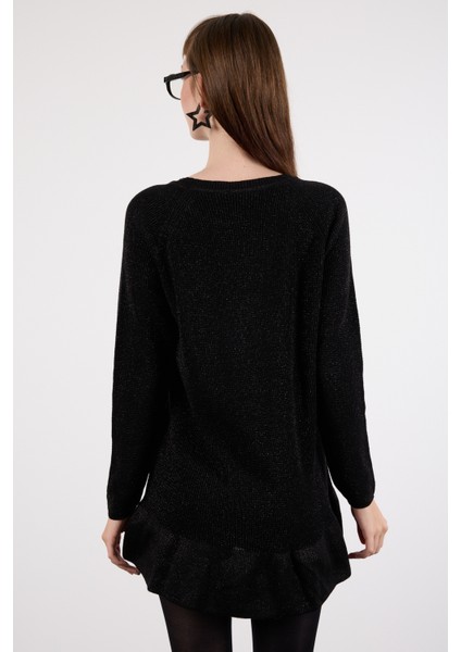 Kadın Siyah Reglan Kollu Fırfırlı Etek Ucu Simli Triko Kazak indirimleri