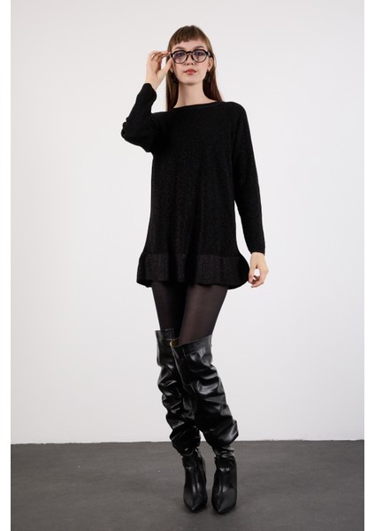 Kadın Siyah Reglan Kollu Fırfırlı Etek Ucu Simli Triko Kazak