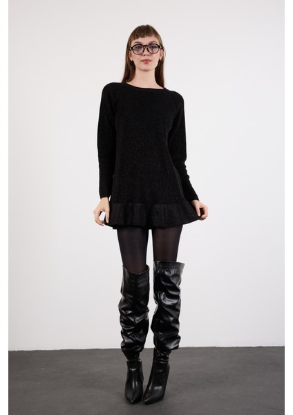 Kadın Siyah Reglan Kollu Fırfırlı Etek Ucu Simli Triko Kazak