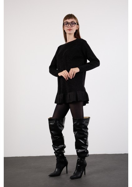 Kadın Siyah Reglan Kollu Fırfırlı Etek Ucu Simli Triko Kazak