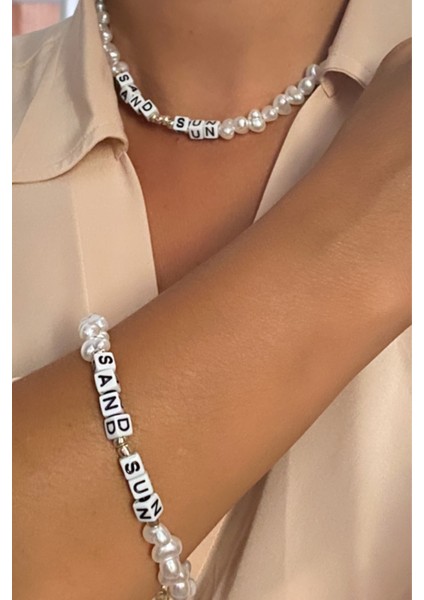 Sand Sun Yazılı Barok Inci Kolye Bileklik Set