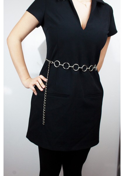 Halka Detay Gümüş Renk Metal Zincir Kemer