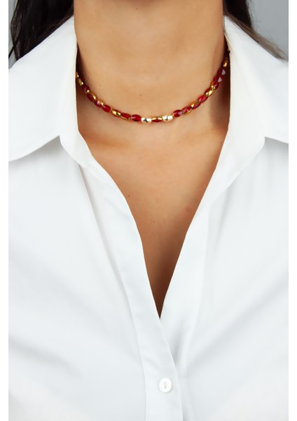 Gold Detay Kırmızı Kristal Kadın Kolye