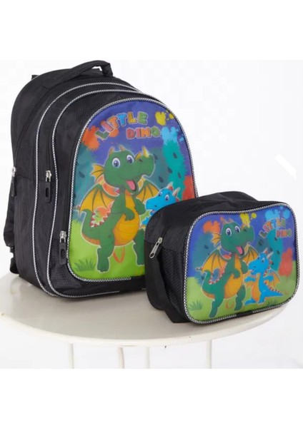 Dinozor Figürlü 3 Bölmeli Ilköğretim Çanta Seti (Sırt Çantası+Beslenme Çantası)