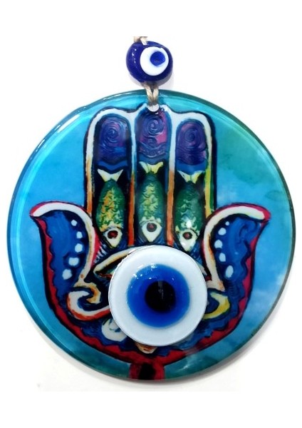 Füzyon Cam Fatma Ana Bereket Eli Desenli Nazar Boncuklu Duvar Süsü El Yapımı Dekoratif Nazarlı