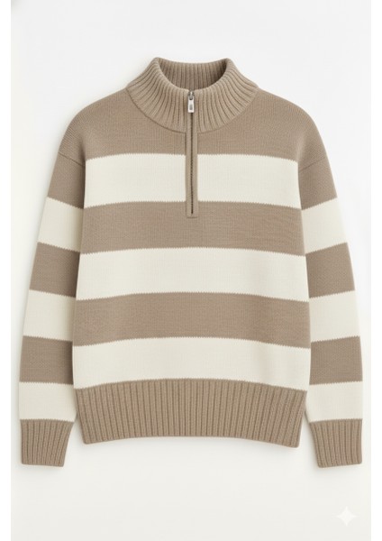 Regular Fit Erkek Dik Yaka Yarım Fermuarlı Çizgili Triko Kazak