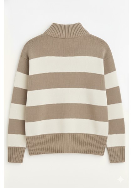 Regular Fit Erkek Dik Yaka Yarım Fermuarlı Çizgili Triko Kazak fiyatları