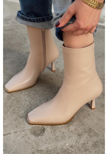 Alderie Kadın Topuklu Bot Bej Mat Deri fiyatları