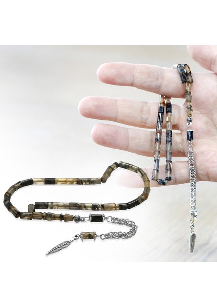 Ateş Kehribar Tesbih - Kararmaz Metal Püsküllü - Mini Boy - Hareli Siyah Beyaz Renk - Kesme Kesim fiyatları