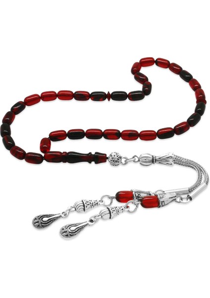 Ateş Kehribar Tesbih - Kararmaz Metal Damla Püsküllü - Kırmızı Siyah - Mini Boy - Kapsül Kesim