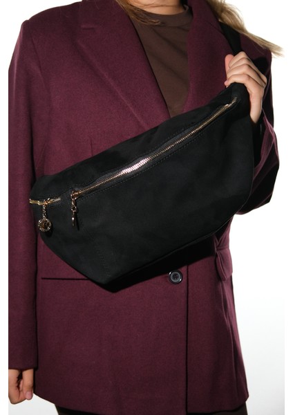 Venta Siyah Süet Kadın Büyük Bel Çantası